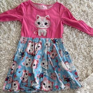 Girls' Pink & Blue Cat Print Long-Sleeve Dress